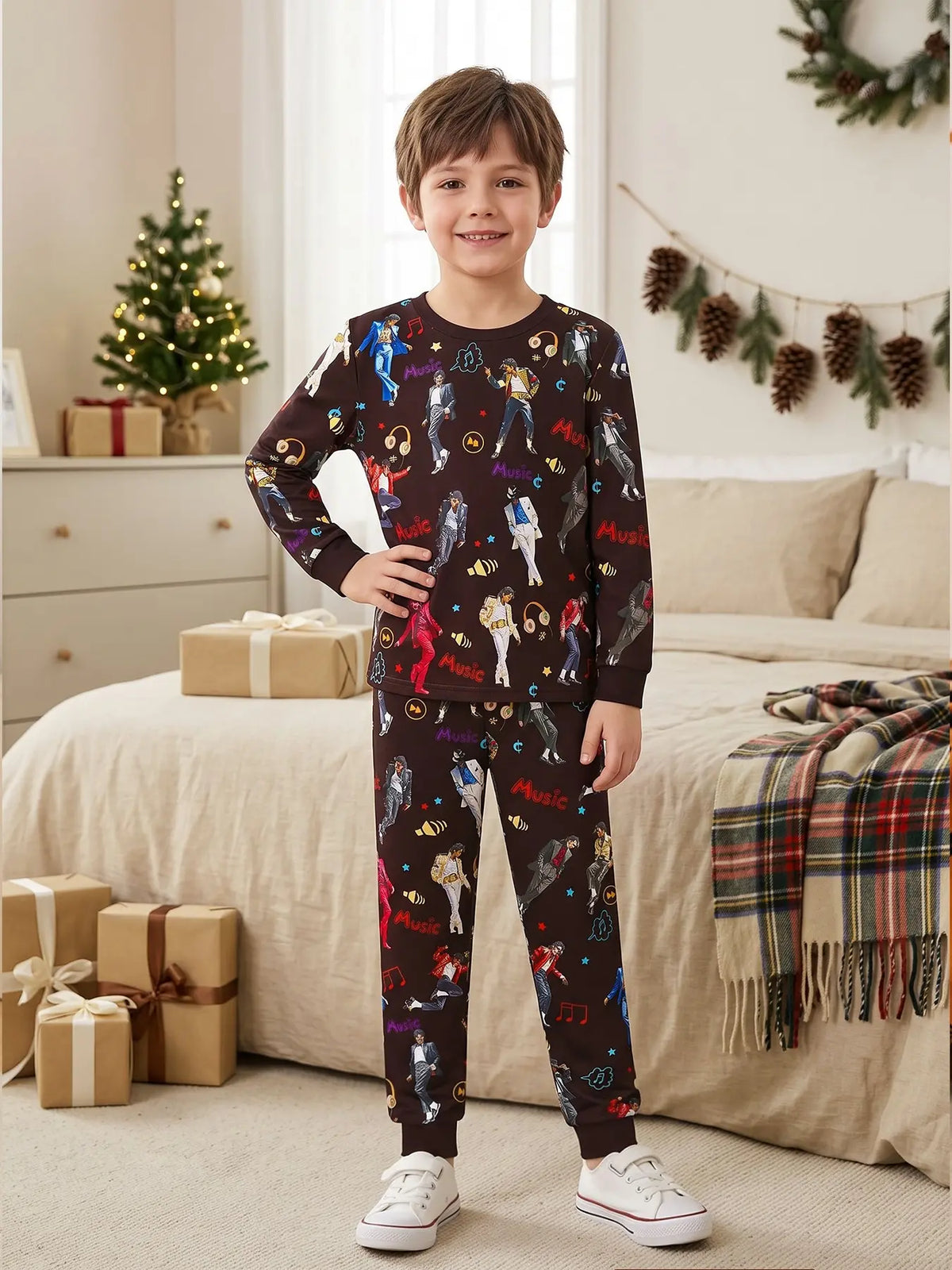 Kids' Ghost Print Long Sleeve Pajama Set Soft Sleepwear