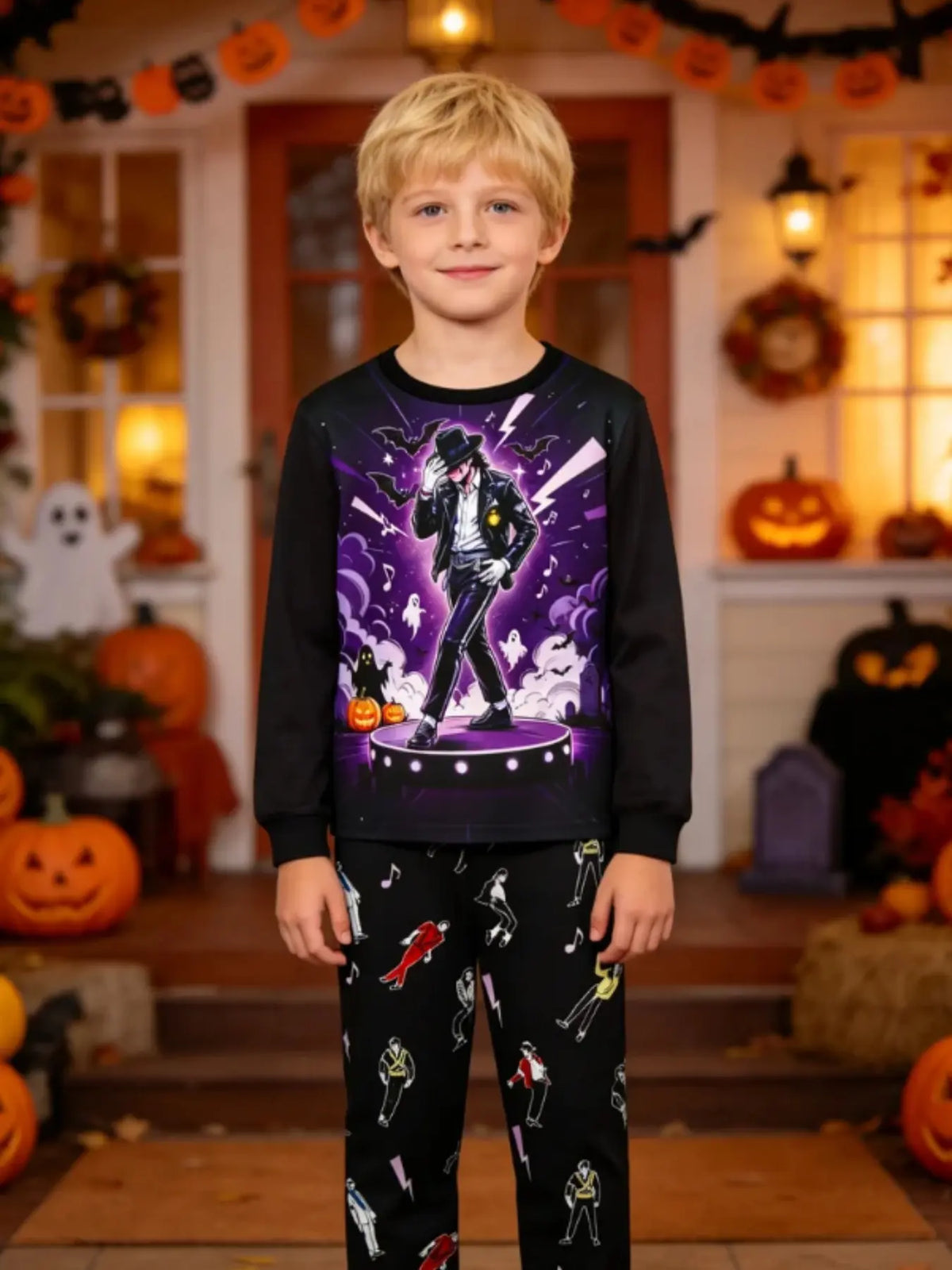 Kids' Ghost Print Long Sleeve Pajama Set Soft Sleepwear