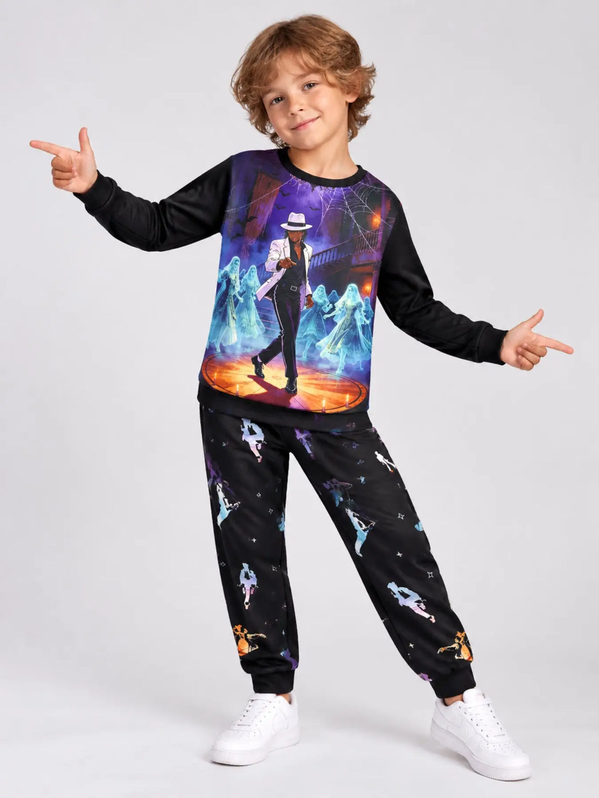 Kids' Ghost Print Long Sleeve Pajama Set Soft Sleepwear