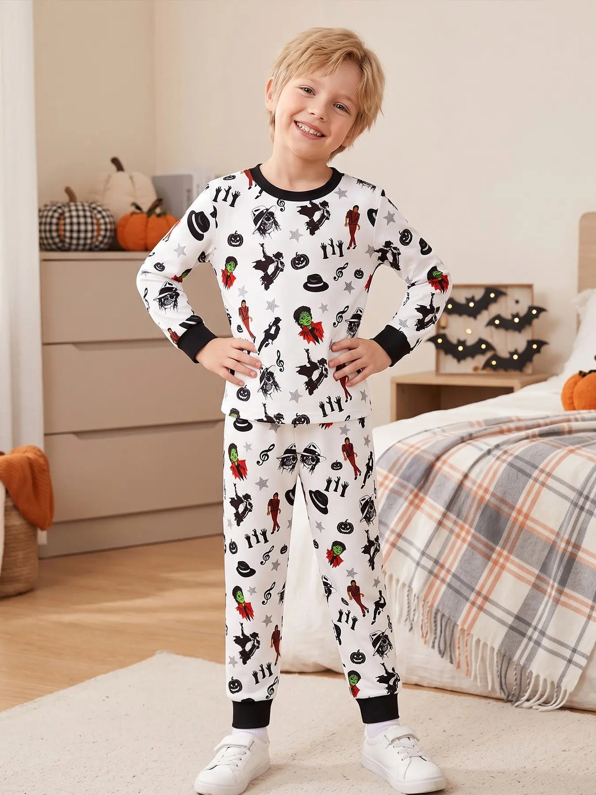 Kids' Ghost Print Long Sleeve Pajama Set Soft Sleepwear
