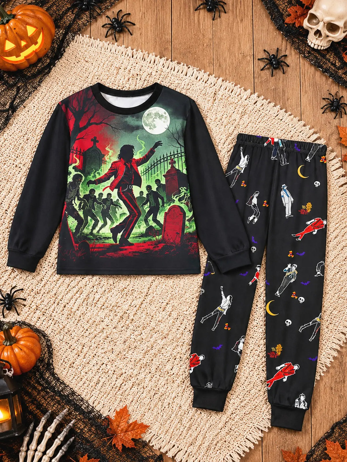 Kids' Ghost Print Long Sleeve Pajama Set Soft Sleepwear