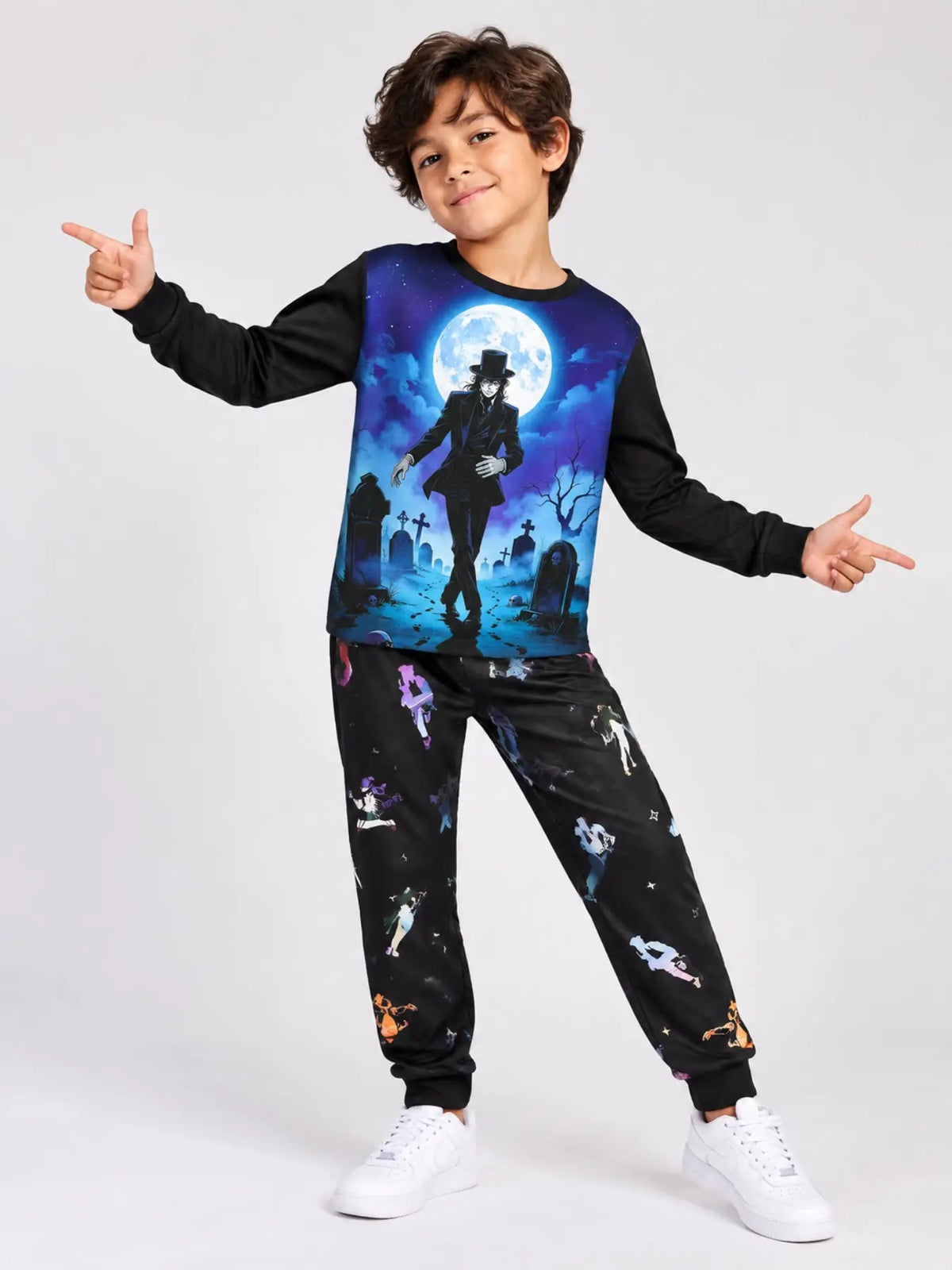 Kids' Ghost Print Long Sleeve Pajama Set Soft Sleepwear